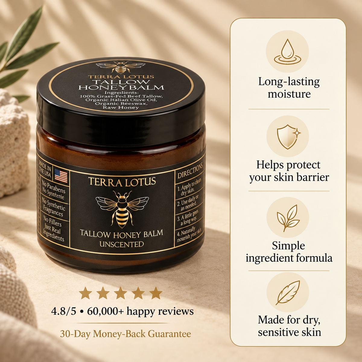 Terra Lotus Organic Tallow Honey Balm to Help Erase Fine Lines, Wrinkles, and Age Spots
